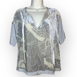 Tiny Anthropologie Velvet Burnout Tie Neck top gray silver small NWT